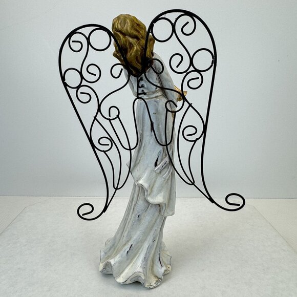 Vintage Rustic White Christmas Angel Figurine With Metal Wings Gold Trumpet 11" - Picture 4 of 10